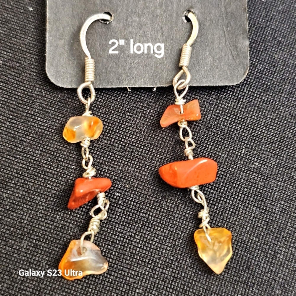 Natural Carnelian Chips Crystal and Silver Earring,